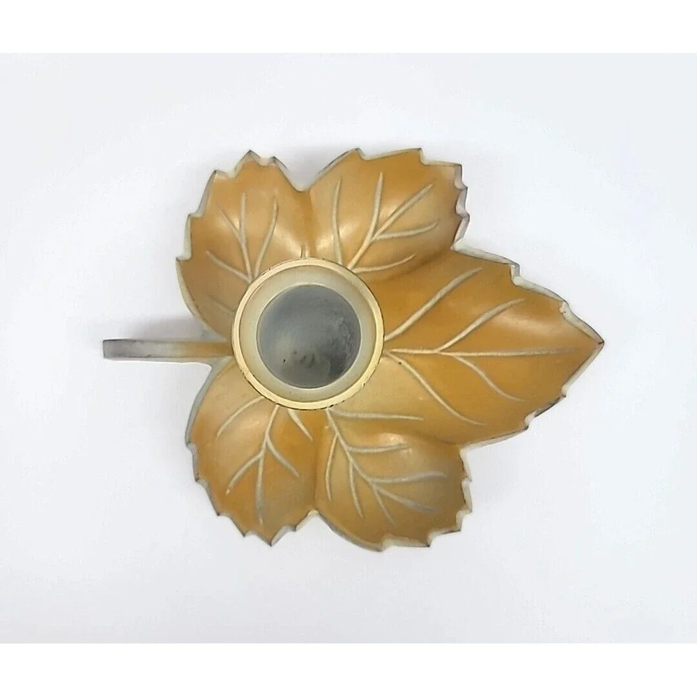 Tan Painted Brass Maple Leaf Single Candlestick Holder 5.5